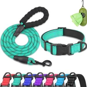 Dynmeow Reflective Dog Collar and Leash Set, 6FT Strong Climbing Rope Leash with Padded Handle, Adjustable Pet Collar with Soft Neoprene Padding for Large Dogs, Teal, L