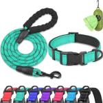 Dynmeow Reflective Dog Collar and Leash Set, 6FT Strong Climbing Rope Leash with Padded Handle, Adjustable Pet Collar with Soft Neoprene Padding for Large Dogs, Teal, L