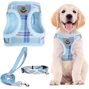PUPTECK Adjustable Dog Harness Collar and Leash Set Step in No Pull Pet Harness for Small Medium Dogs Puppy and Cats Outdoor Walking Running, Soft Mesh Padded Reflective Vest Harnesses, Blue S