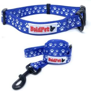 BOLDPET Dog Collar and Leash Set - Durable Polyester Material -Adjustable Collar-Safe Metal Buckle-Cute Pawprints Design Dog Leash and Collar Set for Small, Medium and Large Dogs