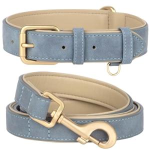 Beirui Soft Padded PU Leather Dog Collar and Leash Set, Durable Dog Leash and Collar Set with Metal Buckle, Breathable Pet Collars with 4FT Leash for Large Dogs(Blue, Neck 16-21")