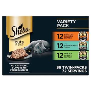 Sheba Perfect Portions Wet Cat Food Cuts in Gravy, Roasted Chicken Entree, with Sustainable Tuna, Tender Turkey Entree, 2.6 oz. Twin-Pack Trays (36 Count, 72 Servings)