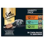 Sheba Perfect Portions Wet Cat Food Cuts in Gravy, Roasted Chicken Entree, with Sustainable Tuna, Tender Turkey Entree, 2.6 oz. Twin-Pack Trays (36 Count, 72 Servings)