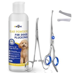 Ninibabie Dog Ear Hair Removal Kit - Ear Powder,Blunt Tip Grooming Scissors&Tweezers Set - Safe Hair Plucking Tool for Dogs,Ear Cleaner for Itching,Infection Treatment for Poodles, Doodles