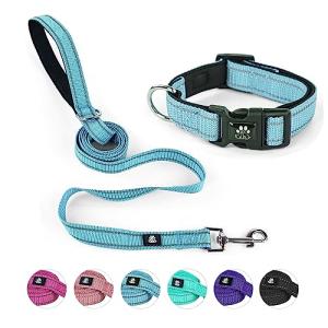 NESTROAD Reflective Dog Collar and Leash Set,Soft Neoprene Pet Collar with Quick Release Buckle,Adjustable Nylon Dog Collars for Small Medium Large Dogs(Medium Collar + 5FT Leash,Blue)