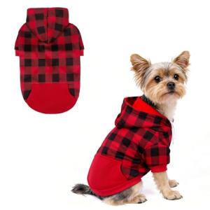 KOOLTAIL Plaid Dog Hoodie Pet Clothes Sweater with Hat and Pocket for Small Medium Large Size Dogs, Soft Winter Warm Dog Cold Weather Coat, Fleece Fall Dog Hooded Sweatshirt for Puppy Cats, Red S