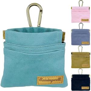 Raisingwell Dog Treat Pouch, Green Pocket Sized Pet Training Pouch, Cotton Fabric, Hand Free Dog Walking Bag with Carabiner, Self-Closing Pet Feed Snack Reward, for Puppy Travel or Outdoor Use