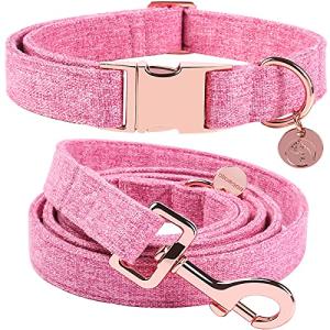 DOGWONG Cotton Dog Collar and Leash Pink Pet Collar Soft Durable Puppy Collar for Small Medium Large Girl Dogs