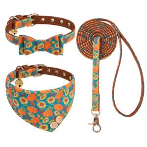 KOOLTAIL Thanksgiving Dog Collar and Leash Set with Bow Tie & Bells for Small Dogs-Fall Puppy Collar and Leash with Dog Bandana Collar, Soft Leather Tangle Free Leashes for Boys Girls Cats