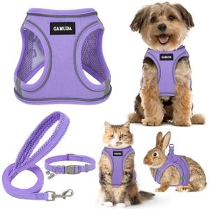 GAMUDA Small Pet Harness Collar and Leash Set, Step in No Chock No Pull Linen Fabric Soft Mesh Dog Vest Harnesses Reflective for Dogs Puppy Cats Kitten Rabbit (Purple, S)
