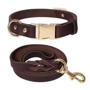 LWBMG 5FT Leather Dog Collar and Leash Set, Heavy Duty Dog Leash and Collar with Metal Buckle,Adjustable Pet Lead and Collar Set, Soft Pet Leash and Collar for Small Medium Dogs Brown