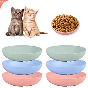 6-Pieces Whisker Fatigue Cat Bowl - 5.5 Inch Shallow Cat Food Dish Wide Cats Wet Feeding Bowls, PET Plate for Kittens and Short Legged Cats, Wheat Straw