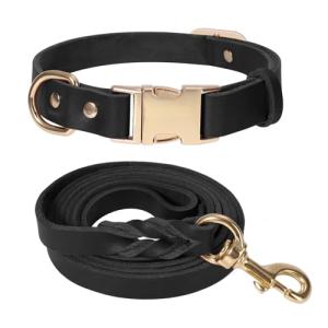 LWBMG 5FT Leather Dog Collar and Leash Set, Heavy Duty Dog Leash and Collar with Metal Buckle,Adjustable Pet Collar and Leash, Soft Pet Leash and Collar Set for Small Medium Dogs Black