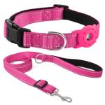 Kuley AirTag Dog Collar and Reflective Leash Set Bundle with AirTag Holder Case,Adjustable Padded Nylon Pet Collar for Small Medium Large Dogs(Pink, Large)