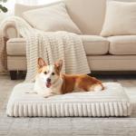 Dog Beds Large Sized Dog, Flat Pet Beds with Removable Washable Cover, Pet Mat Cute Pet Crate Bed Thick Shredded Chopped Crate Foam & Anti Slip Bottom for Indoor, 35"x23"x4" Cream