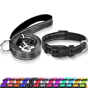 Maiiu Reflective Dog Collar with Safety Locking Buckle, Adjustable Soft Breathable Nylon Collars for Small, Medium and Large Dogs(Collar+Leash XS Width 5/8" Black)