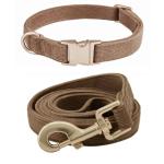 Ewinoom Soft Corduroy Dog Collar and Leash Set Adjustable Durable Dog Collars with Metal Buckle and Lead for Medium Dogs,Brown