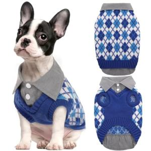 Kuoser Dog Sweater Plaid Dog Sweaters with Harness Hole, Polo Design Puppy Knitwear Fall Winter Sweater for Small Dogs, Pet Cold Weather Clothes Warm Doggie Pullover Sweatshirt, Blue S