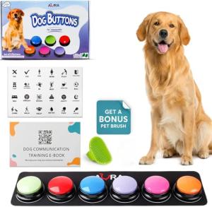 A-URA Dog Buttons for Communication with Non-Slip Mat, HD Sound 30s Recordable Dog Talking Button Set with Training Guide eBook and 24 Stickers, Pet Talking Buttons for Dog Speaking (6pc)