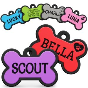 GoTags Silicone Dog Tags, Soundless Pet Tag, Personalized Silent Tag Engraved for Pets with Cute Custom Designs, for Dogs and Cats, (Bone, Purple)