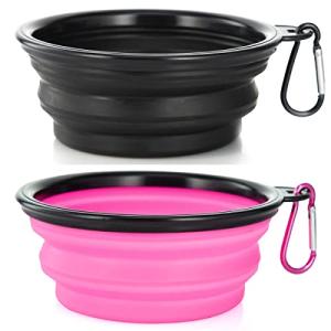 Dog Bowl Pet Collapsible Bowls, 2 Pack Collapsible Dog Water Bowls for Cats Dogs, Portable Pet Feeding Watering Dish for Walking Parking Traveling with 2 Carabiners (Small, Black & Pink)