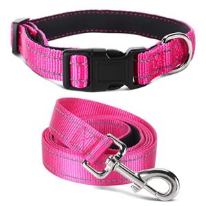 Jumpress Soft Neoprene Padded Dog Collar and Leash Set for Small Medium Large Dogs, Reflective Durable Nylon Dog Collar with 5ft Leash Easy for Walking, Hot Pink,Neck fit 12.5-19.5’’