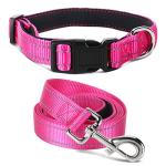Jumpress Soft Neoprene Padded Dog Collar and Leash Set for Small Medium Large Dogs, Reflective Durable Nylon Dog Collar with 5ft Leash Easy for Walking, Hot Pink,Neck fit 12.5-19.5’’