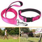 Jumpress Soft Neoprene Padded Dog Collar and Leash Set for Small Medium Large Dogs, Reflective Durable Nylon Dog Collar with 5ft Leash Easy for Walking, Hot Pink,Neck fit 12.5-19.5’’