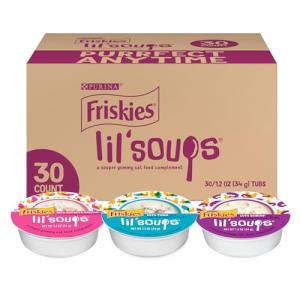Friskies Purina Grain Free Wet Cat Food Lickable Cat Treats Variety Pack, Lil' Soups With Salmon, Tuna or Shrimp - (Pack of 30) 1.2 oz. Cups
