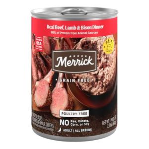 Merrick Grain Free Premium And Natural Canned Dog Food, Soft And Healthy Wet Recipe, Real Beef Lamb And Bison - (Pack of 12) 12.7 oz. Cans