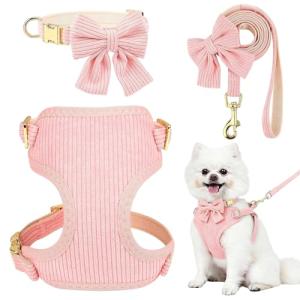 RoseYouth Dog Collar and Leash Set with Bowtie, Girl Dog Collars Metal Buckle Adjustable for Small Medium Dogs (Pink, S: Neck 10-16", Chest 13-16")