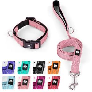 IVY&LANE Reflective Dog Collar and Leash Set,Adjustable Neoprene Padded Dog Collars for Puppy, Breathable Nylon Pet Collar for Small Medium Large Dogs (Medium,Pink)