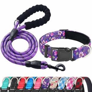 Ladoogo Reflective Dog Collar Padded with Soft Neoprene Breathable Adjustable Nylon Dog Collars for Small Medium Large Dogs (Large (Pack of 1), Purple/Pink Floral Collar+Leash)