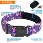 Ladoogo Reflective Dog Collar Padded with Soft Neoprene Breathable Adjustable Nylon Dog Collars for Small Medium Large Dogs (Large (Pack of 1), Purple/Pink Floral Collar+Leash)