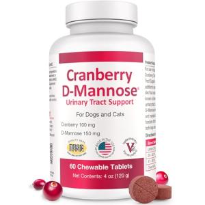 Cranberry D-Mannose Urinary Tract Supplement for Dogs & Cats – Bladder & UTI Health Support – Cranberry Extract, D-Mannose & Vitamin C–Promotes Urinary Wellness & Kidney Function – 60 Chewable Tablets