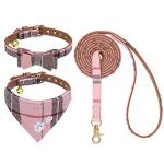 EXPAWLORER Puppy Collar and Leash Set - Embroidery Pawprints Plaid Dog Collar and Dog Leash Set, Bow Tie and Bandana Dog Collar with Bell, Collar and Leash for Dogs Cats Outdoor Walking, Pink S