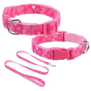DILLYBUD Dog Collar and Leash Set, Adjustable Dog Collars for Small Medium Dogs Boys Girls, Soft Durable Pink Nylon Collar and Matching Leash, Cute Puppy Collars, M
