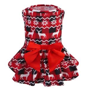 PUPTECK Print Dog Dress Pet Apparel for Christmas with Cute Bowtie Puppy Clothes Outfit, Deer, XS