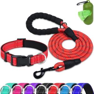 Dynmeow Reflective Dog Collar and Leash Set, 6FT Strong Climbing Rope Leash with Padded Handle, Adjustable Pet Collar with Soft Neoprene Padding for Medium Large Dogs, Red, M