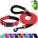 Dynmeow Reflective Dog Collar and Leash Set, 6FT Strong Climbing Rope Leash with Padded Handle, Adjustable Pet Collar with Soft Neoprene Padding for Medium Large Dogs, Red, M