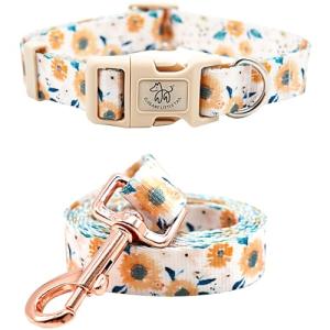 Elegant little tail Dog Collar with Leash, Sunflower Print Pet Collar Leash Adjustable Collar for Small Medium Large Dogs Soft Puppy Collars with Quick Release Buckle Girl Boy Dog Collars