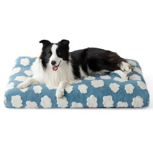 LE SURE Cute Large Dog Bed for Crate-Thick Shredded Chopped Foam Pet Bed Indoor with Removable Washable Cover, Modern Fuzzy Plush & Anti Slip Bottom, Blue
