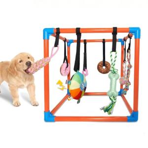 BASTIPETA Puppy Play Gym with 8 Hanging Toys – Removable Dog Enrichment Playground, Indoor Jungle Gym & Activity Center for Small Dogs, Adjustable PVC Frame with Bungee Straps and Squeaky Toys