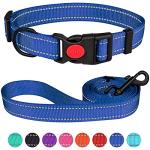 Reflective Dog Collar and Leash Set with Safety Locking Buckle Nylon Pet Collars Adjustable for Small Medium Large Dogs 3 Sizes(Navy Blue&L)