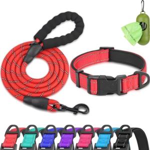 Dynmeow Reflective Dog Collar and Leash Set, 6FT Strong Climbing Rope Leash with Padded Handle, Adjustable Pet Collar with Soft Neoprene Padding for Large Dogs, Red, L