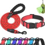 Dynmeow Reflective Dog Collar and Leash Set, 6FT Strong Climbing Rope Leash with Padded Handle, Adjustable Pet Collar with Soft Neoprene Padding for Large Dogs, Red, L