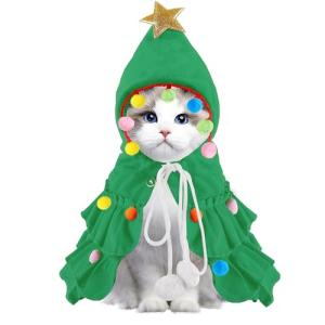 Vellibring Cat Christmas Outfit Green Pet Cloak with Hat with Star and Pompoms Puppy Cape Clothes Xmas Tree Elf Costumes Party Pet Supplies Accessories for Small Dogs Cats Pet Santa Presents