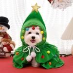 Vellibring Cat Christmas Outfit Green Pet Cloak with Hat with Star and Pompoms Puppy Cape Clothes Xmas Tree Elf Costumes Party Pet Supplies Accessories for Small Dogs Cats Pet Santa Presents