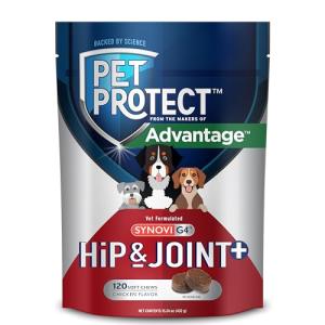 Pet Protect Dog Hip & Joint+ Supplement for Active & Aging Dogs, Vet-Formulated Synovi G4, Dog Glucosamine, Chicken-Flavored Soft Chews (120 Count)