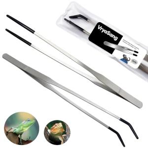 VraySang 2 PCS 10.6" Stainless Steel Reptile Feeding Tongs with Rubber Tips, Straight & Curved Tweezers for Bearded Dragon Tank Accessories, Lizard Snake Enclosure, Aquarium Crafts- Terrarium Supplies